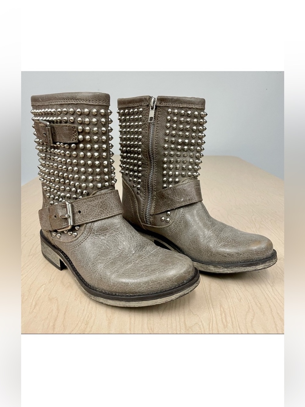 Steve Madden Boots Girls 6 Monicaa Leather Studded Stone Taupe Motorcycle Biker
